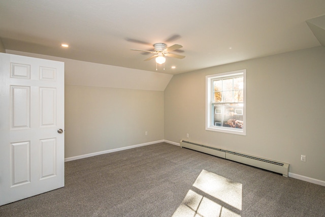 bonus room featuring ceiling fan, lofted ceiling, carpet floors, and baseboard heating