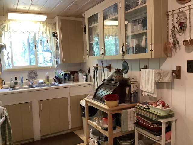 kitchen featuring wood ceiling and sink