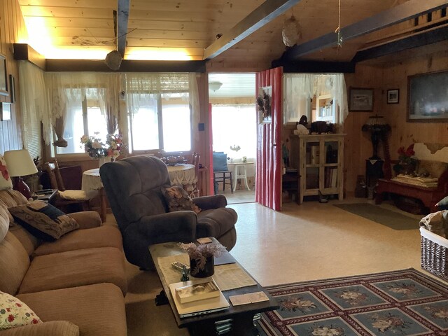 living room featuring wooden ceiling and beam ceiling