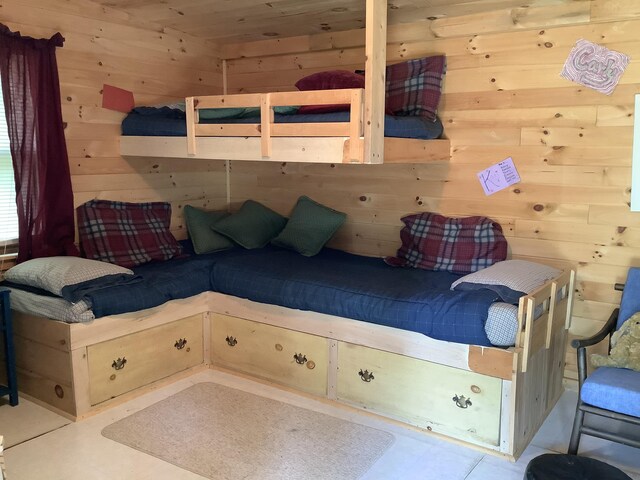 unfurnished bedroom featuring wood ceiling and wooden walls