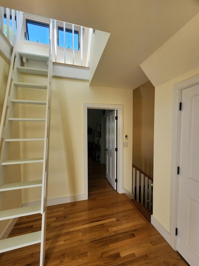 interior space with a skylight and hardwood / wood-style floors