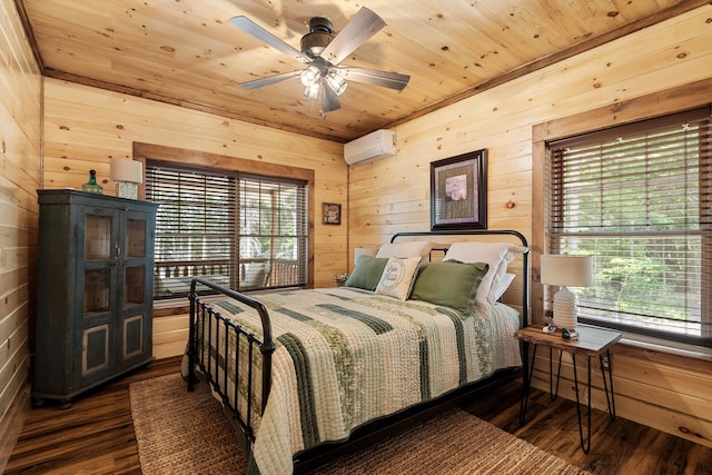 bedroom featuring ceiling fan, dark hardwood / wood-style floors, wood walls, and a wall mounted AC