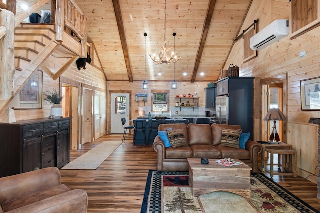 living room with beamed ceiling, wooden ceiling, wooden walls, and wood-type flooring