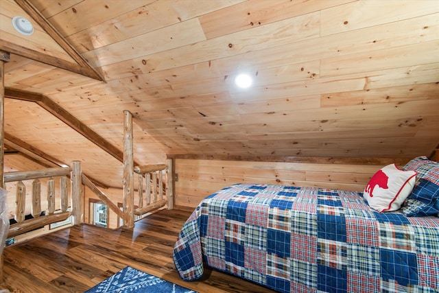 bedroom featuring wooden walls, lofted ceiling, wood ceiling, and hardwood / wood-style floors