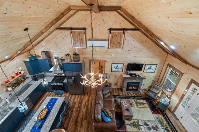 living room with wood ceiling, high vaulted ceiling, beamed ceiling, and wood-type flooring