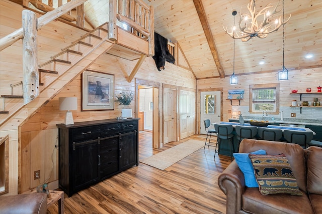 living room featuring wood walls, wood ceiling, beamed ceiling, wood-type flooring, and high vaulted ceiling