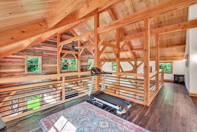 interior space featuring lofted ceiling, dark hardwood / wood-style floors, and wooden ceiling