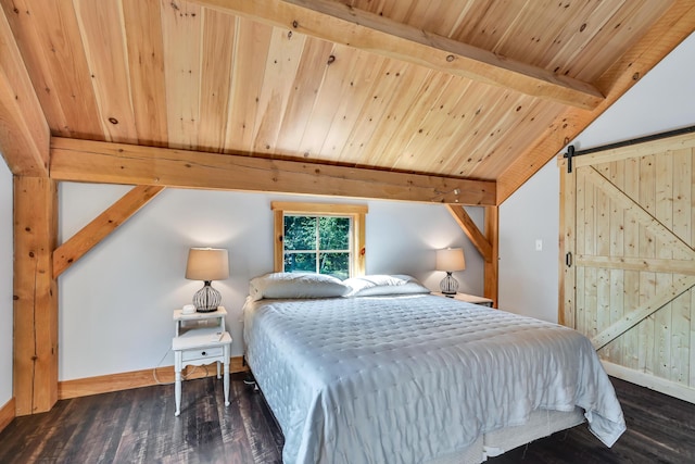 bedroom featuring wood ceiling, a barn door, dark hardwood / wood-style flooring, and vaulted ceiling with beams