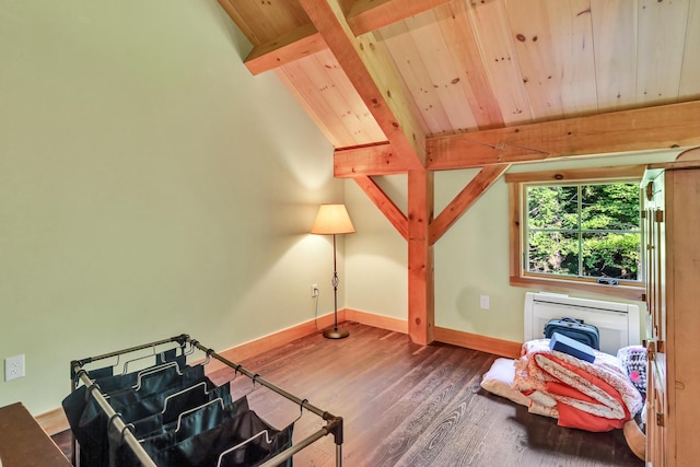 interior space featuring wood ceiling, dark hardwood / wood-style flooring, and vaulted ceiling with beams