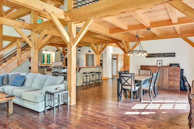 dining area featuring an inviting chandelier, vaulted ceiling with beams, and dark wood-type flooring