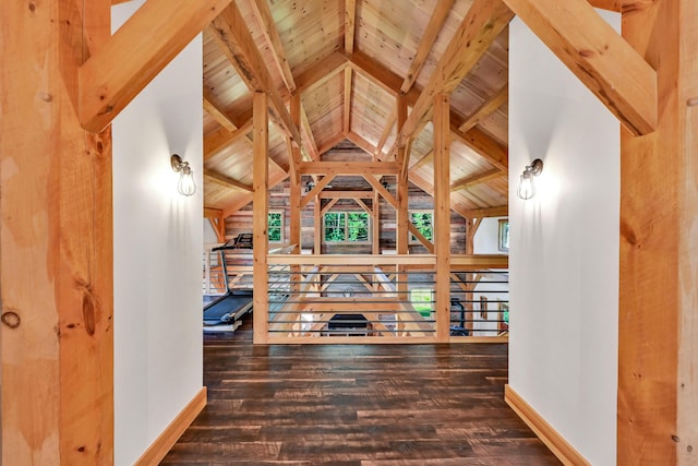 corridor featuring vaulted ceiling with beams, wooden ceiling, and dark hardwood / wood-style floors