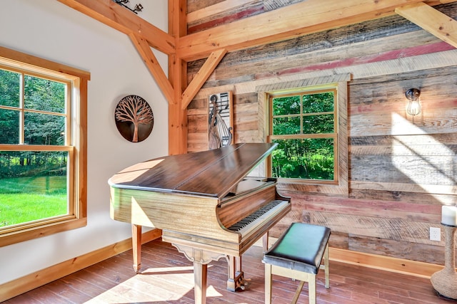 misc room with wood-type flooring and wooden walls