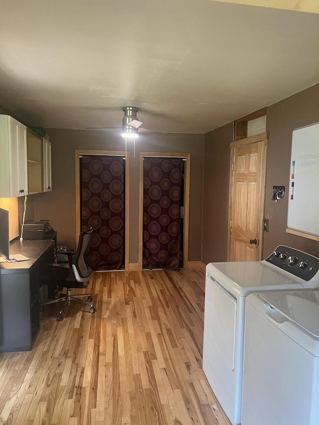 63 Rebel Hill Rd, Merrill, ME 04780 - laundry room featuring laundry area, light wood-style flooring, washing machine and dryer, and ceiling fan