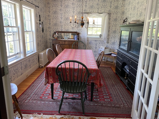 dining space featuring wood-type flooring, a chandelier, and radiator heating unit