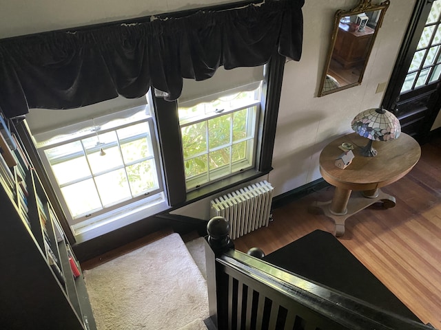 interior space with baseboards, wood finished floors, and radiator heating unit