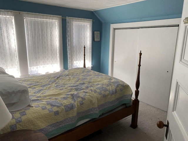 bedroom featuring lofted ceiling, a closet, and carpet floors