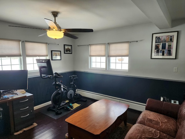 workout area with a baseboard heating unit, baseboards, dark wood finished floors, a ceiling fan, and wainscoting