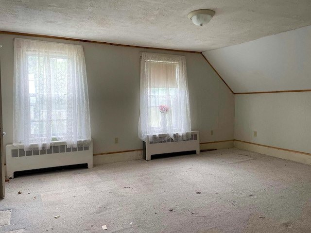 additional living space with a textured ceiling, a healthy amount of sunlight, and radiator