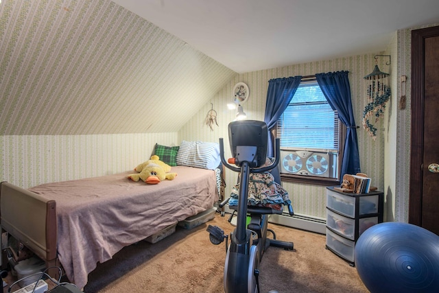 bedroom with carpet, baseboard heating, and lofted ceiling