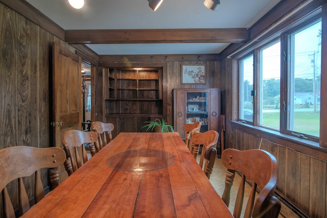 dining room with a wealth of natural light and wood walls