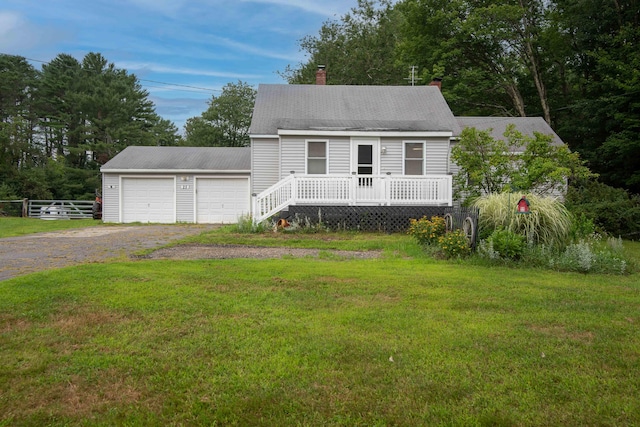 cape cod house featuring a wooden deck, a garage, and a front lawn