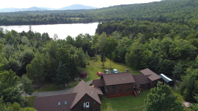 drone / aerial view featuring a water and mountain view