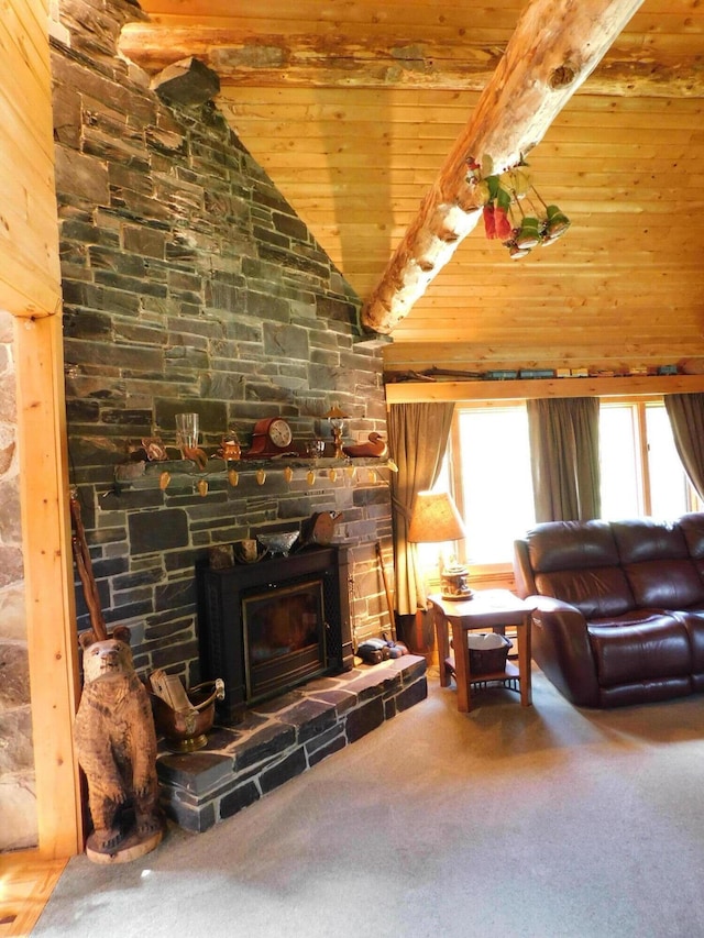 carpeted living room with wooden ceiling, lofted ceiling, and a stone fireplace