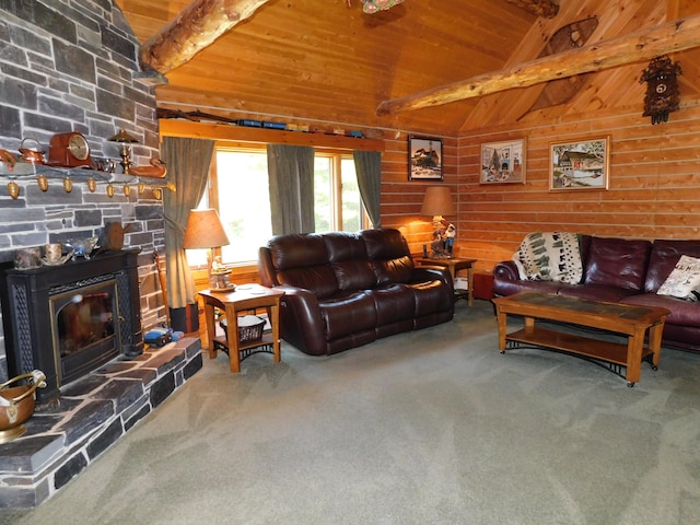 living room featuring a fireplace, carpet, wood ceiling, wood walls, and lofted ceiling with beams