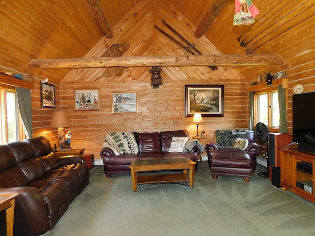 living room with lofted ceiling with beams, wooden walls, wood ceiling, and carpet floors