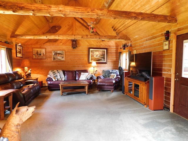 living room with wood walls, vaulted ceiling with beams, wood ceiling, and carpet floors