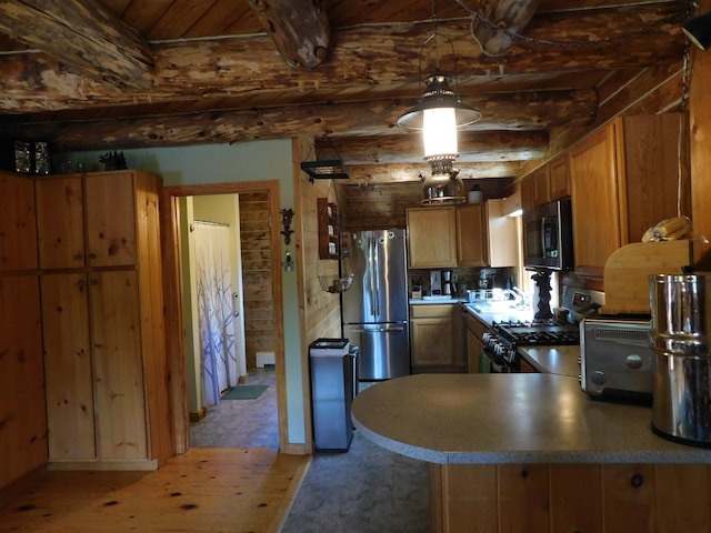 kitchen featuring light hardwood / wood-style floors, wooden ceiling, beamed ceiling, stainless steel refrigerator, and range with gas stovetop