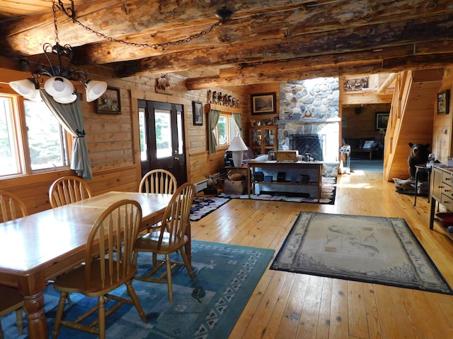 61 Sawyer Pond Highlands, Greenville, ME 04441 - dining area with beamed ceiling, wooden walls, hardwood / wood-style floors, and a notable chandelier