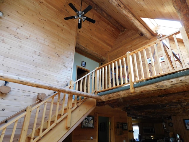 61 Sawyer Pond Highlands, Greenville, ME 04441 - staircase featuring wooden ceiling, wooden walls, high vaulted ceiling, beam ceiling, and a skylight