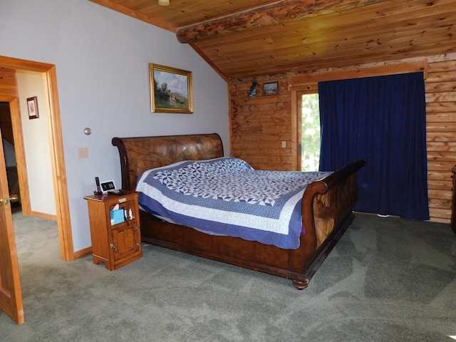 bedroom with log walls, wood ceiling, vaulted ceiling, and light carpet