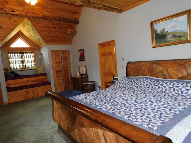 carpeted bedroom featuring wooden ceiling, a closet, and vaulted ceiling