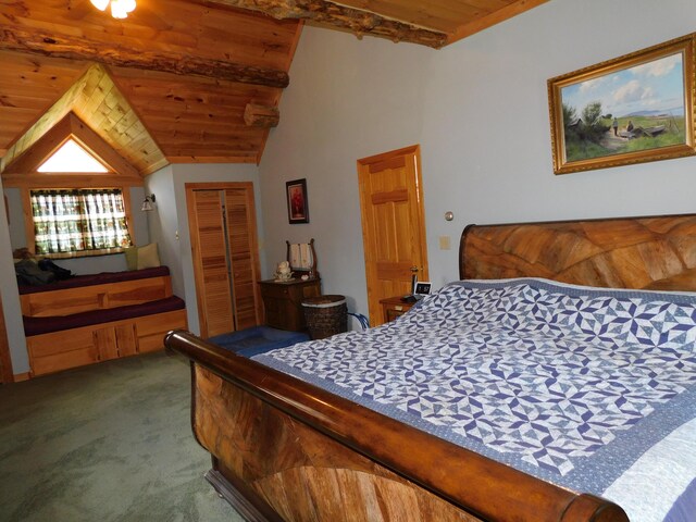 61 Sawyer Pond Highlands, Greenville, ME 04441 - bedroom with carpet, wooden ceiling, and vaulted ceiling with beams