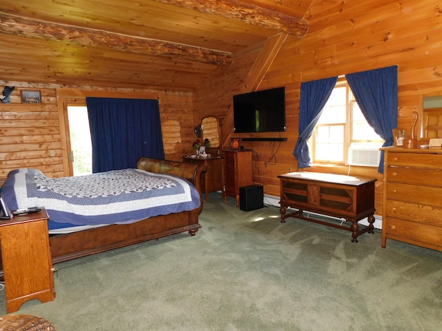 bedroom featuring beam ceiling, wooden walls, carpet flooring, and wood ceiling