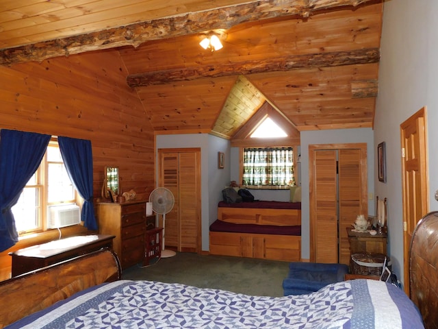 bedroom with carpet, multiple closets, lofted ceiling, cooling unit, and wood ceiling