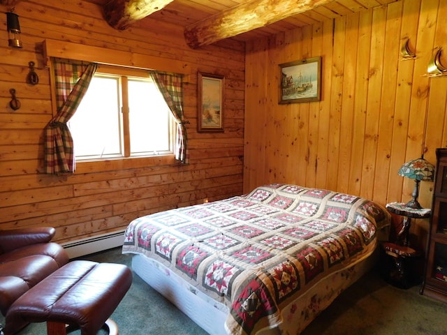 carpeted bedroom with beam ceiling, wooden walls, wood ceiling, and a baseboard radiator