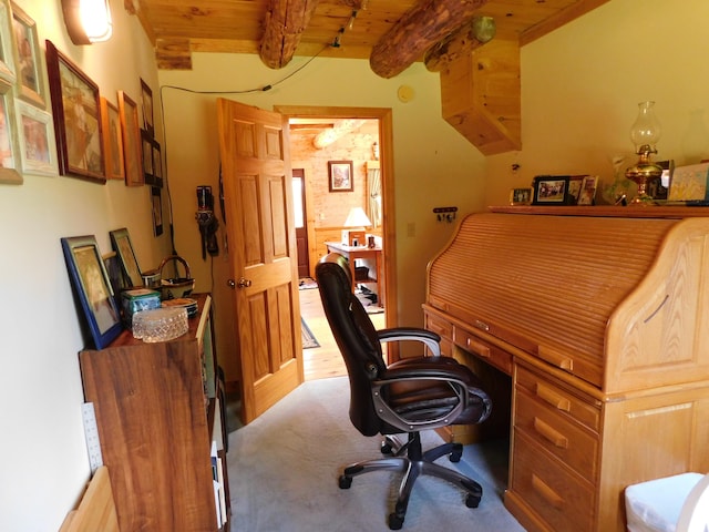 office area with beamed ceiling, light wood-type flooring, and wood ceiling