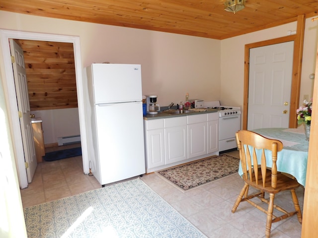 kitchen with a baseboard radiator, wood ceiling, white cabinetry, light tile patterned flooring, and white appliances