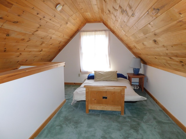 carpeted bedroom with lofted ceiling and wooden ceiling