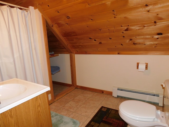 bathroom featuring a baseboard heating unit, vaulted ceiling, wood ceiling, and toilet