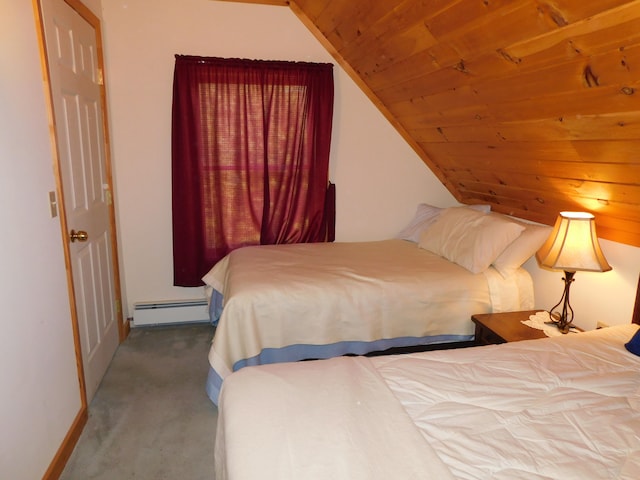 bedroom featuring a baseboard heating unit, vaulted ceiling, carpet, and wooden ceiling