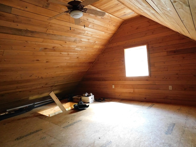 additional living space with lofted ceiling, wooden walls, wood ceiling, and ceiling fan