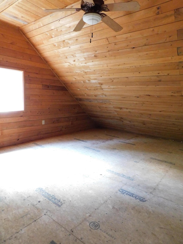 bonus room featuring lofted ceiling, ceiling fan, and wooden ceiling