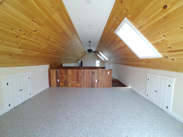 95 Washington Rd, Jefferson, ME 04348 - bonus room with baseboards, vaulted ceiling with skylight, wooden ceiling, and a ceiling fan