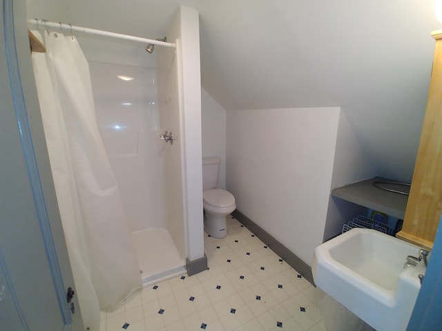 bathroom featuring toilet, a shower with shower curtain, sink, and lofted ceiling