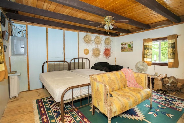 bedroom with electric panel, wood-type flooring, beamed ceiling, radiator, and wood ceiling