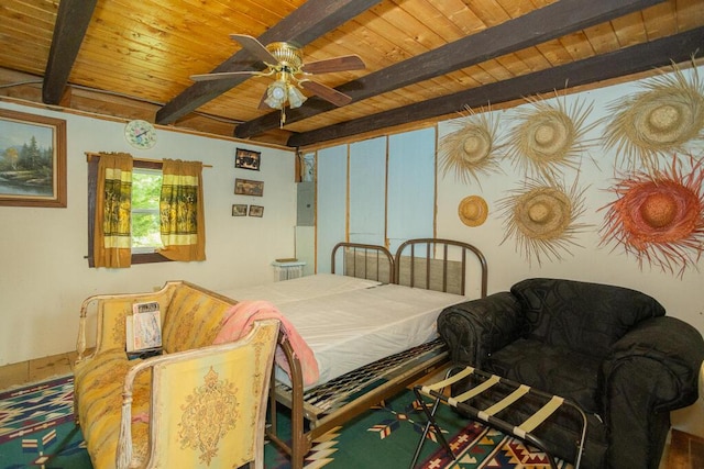 bedroom featuring electric panel, wooden ceiling, and beam ceiling